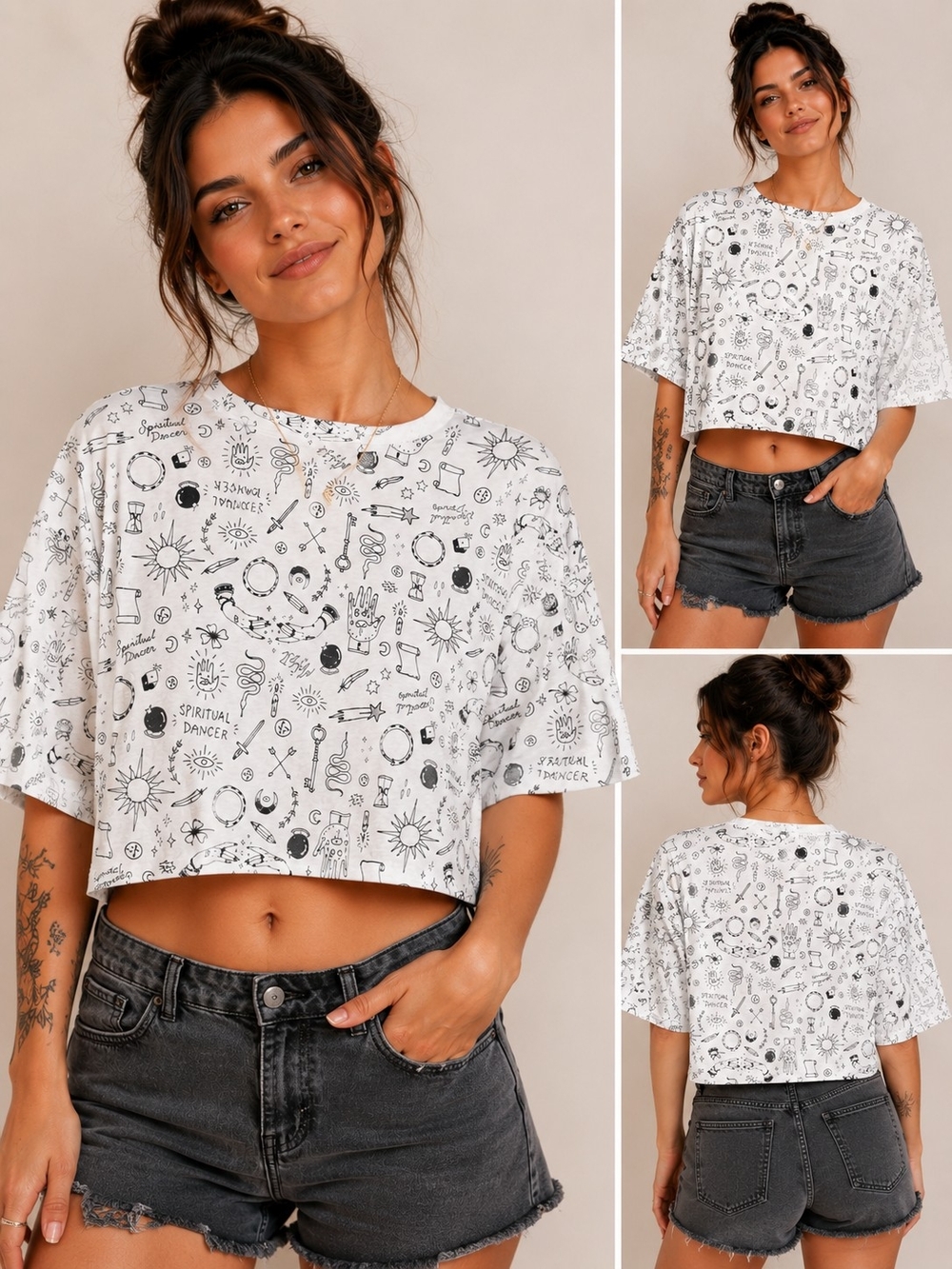 Crop Graphic Tee - White Black Print "Spiritual Dancer"